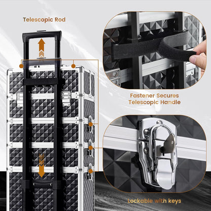 Rolling Makeup Case Cosmetology Case on Wheels 4 in 1 Large Cosmetic Organizer Train Case Makeup Travel Case with Key Swivel Wheels Nail Artist Salon Storage Traveling Cart Trunk Black