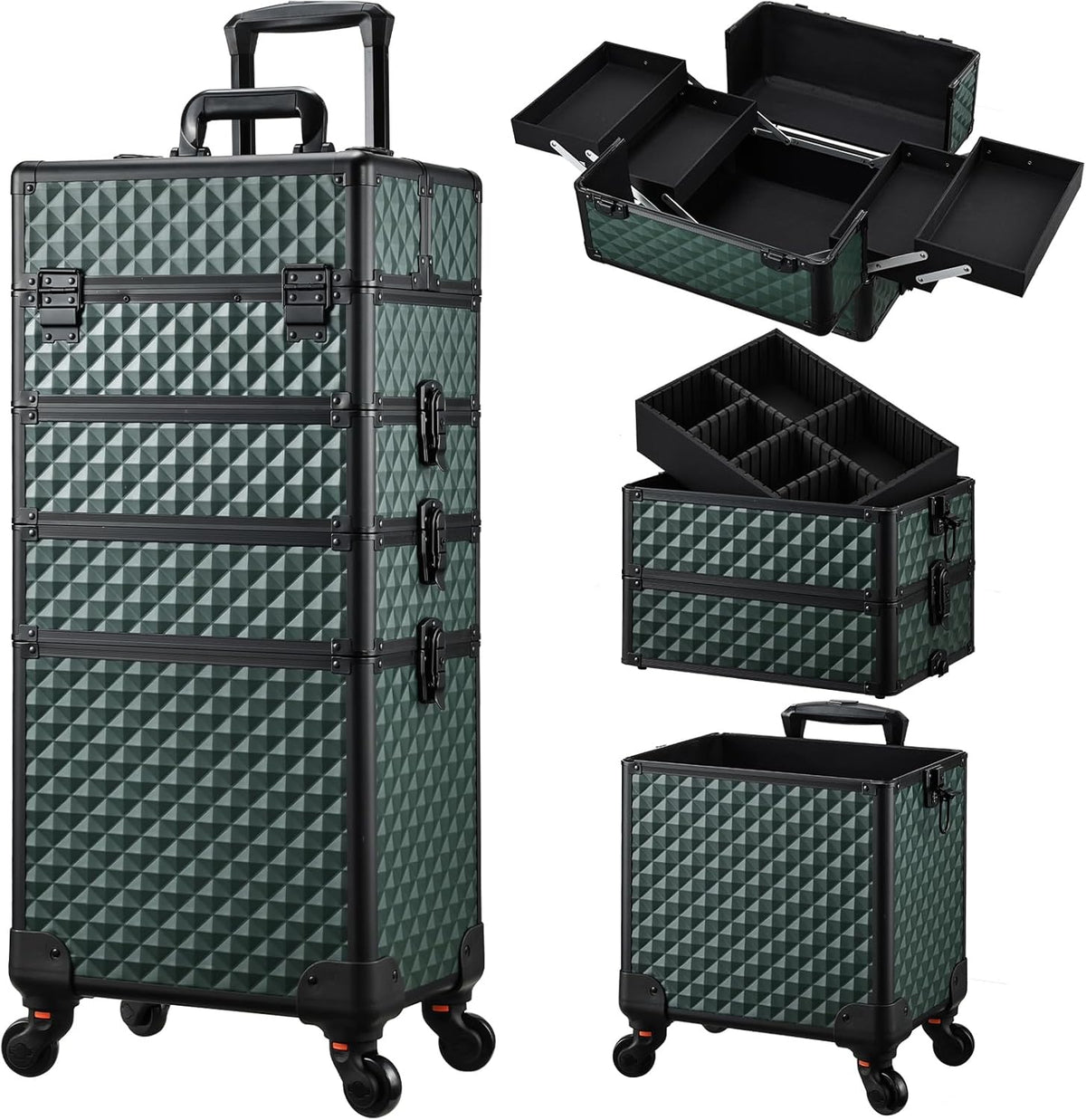 Rolling Makeup Case Cosmetology Case on Wheels 4 in 1 Large Cosmetic Organizer Train Case Makeup Travel Case with Key Swivel Wheels Nail Artist Salon Storage Traveling Cart Trunk Black