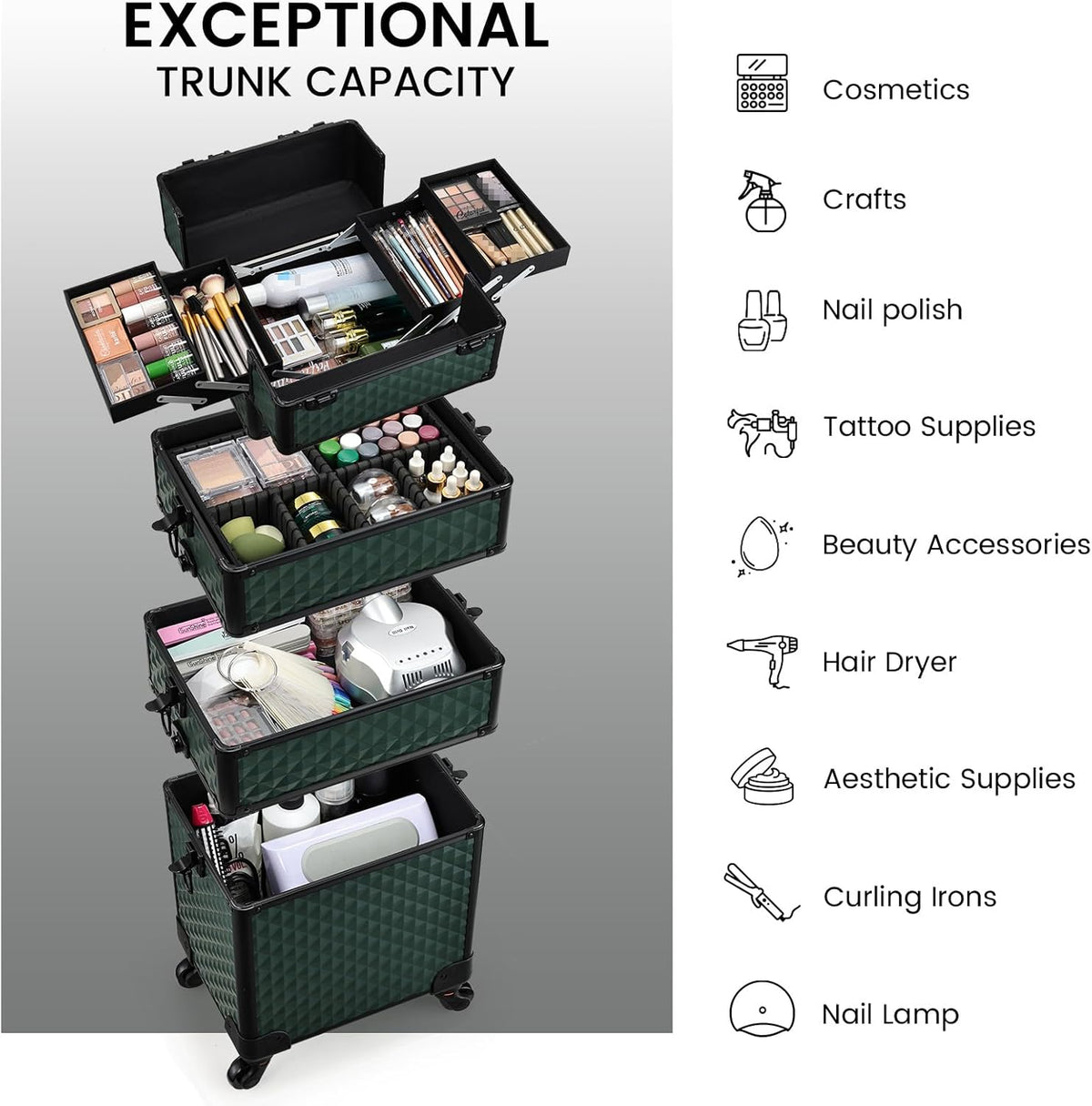 Rolling Makeup Case Cosmetology Case on Wheels 4 in 1 Large Cosmetic Organizer Train Case Makeup Travel Case with Key Swivel Wheels Nail Artist Salon Storage Traveling Cart Trunk Black
