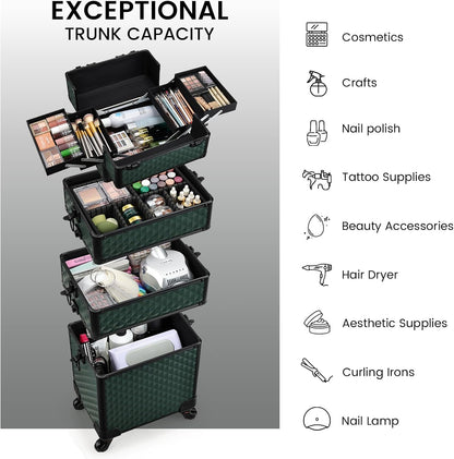 Rolling Makeup Case Cosmetology Case on Wheels 4 in 1 Large Cosmetic Organizer Train Case Makeup Travel Case with Key Swivel Wheels Nail Artist Salon Storage Traveling Cart Trunk Black