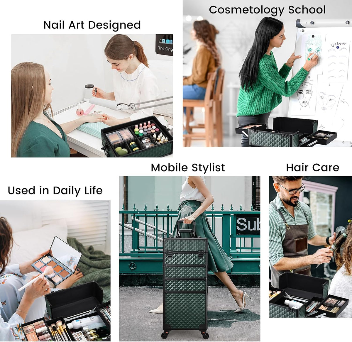 Rolling Makeup Case Cosmetology Case on Wheels 4 in 1 Large Cosmetic Organizer Train Case Makeup Travel Case with Key Swivel Wheels Nail Artist Salon Storage Traveling Cart Trunk Black