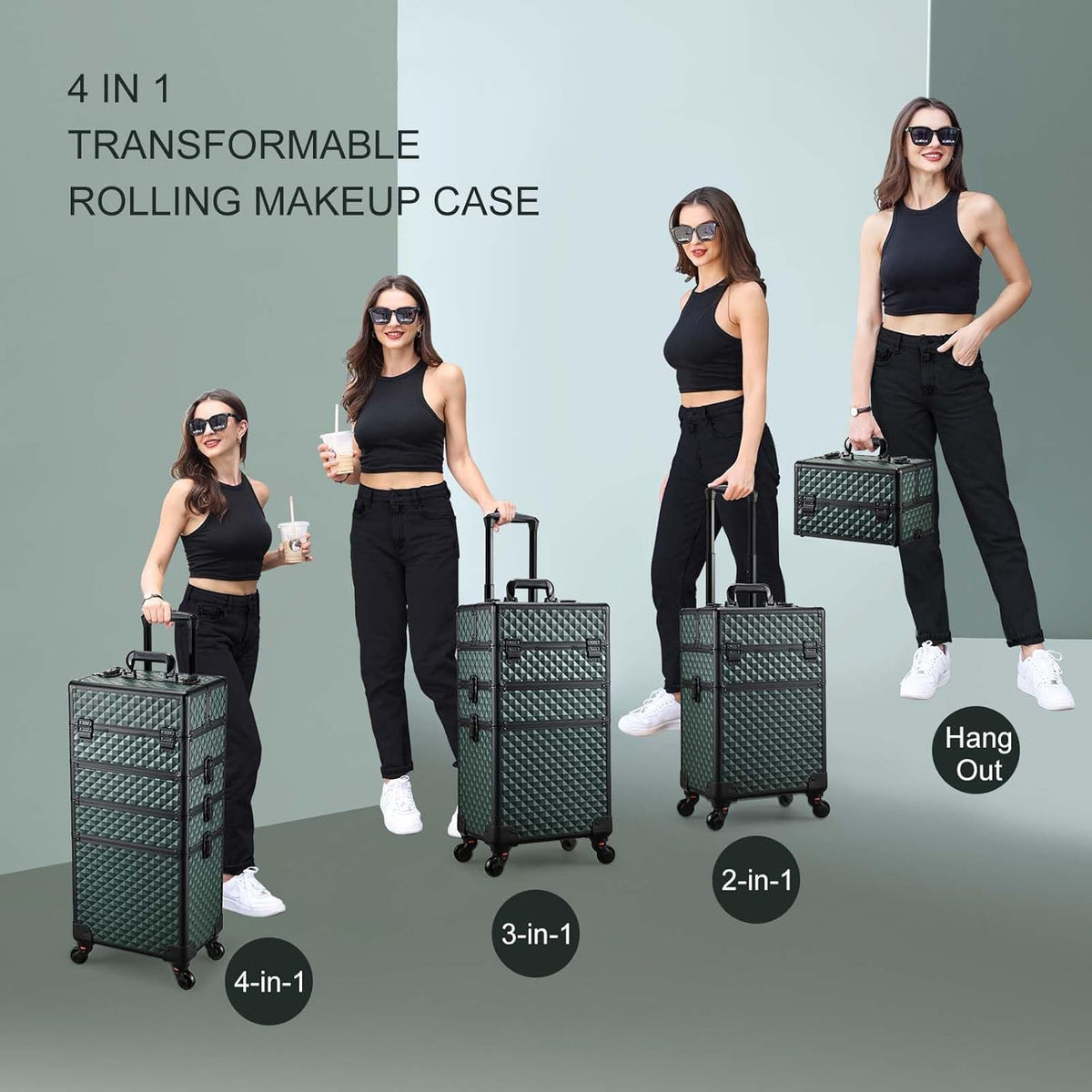 Rolling Makeup Case Cosmetology Case on Wheels 4 in 1 Large Cosmetic Organizer Train Case Makeup Travel Case with Key Swivel Wheels Nail Artist Salon Storage Traveling Cart Trunk Black