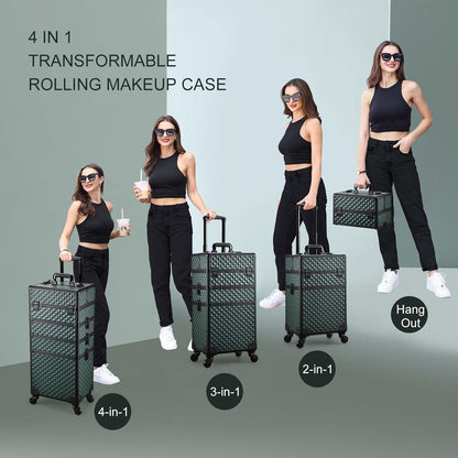 Rolling Makeup Case Cosmetology Case on Wheels 4 in 1 Large Cosmetic Organizer Train Case Makeup Travel Case with Key Swivel Wheels Nail Artist Salon Storage Traveling Cart Trunk Black