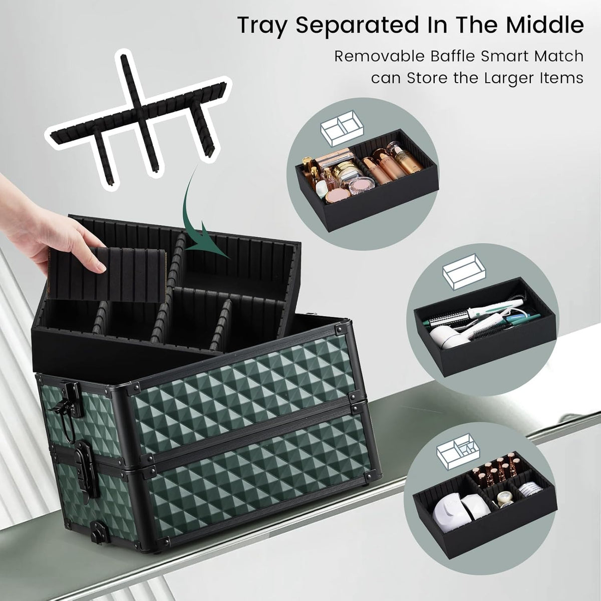 Rolling Makeup Case Cosmetology Case on Wheels 4 in 1 Large Cosmetic Organizer Train Case Makeup Travel Case with Key Swivel Wheels Nail Artist Salon Storage Traveling Cart Trunk Black