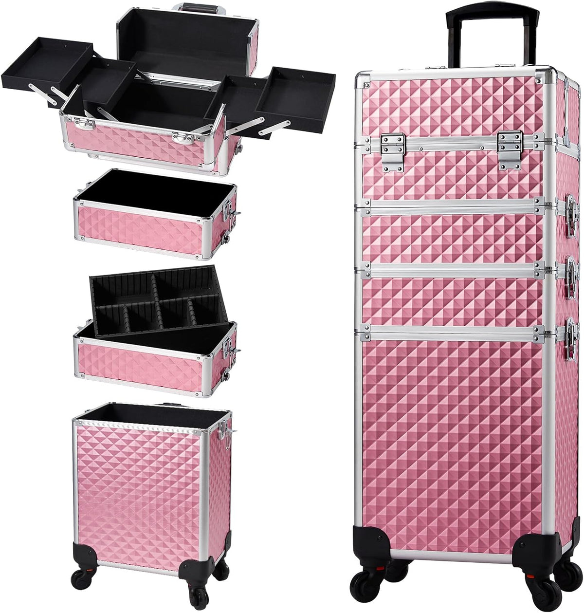 Rolling Makeup Case Cosmetology Case on Wheels 4 in 1 Large Cosmetic Organizer Train Case Makeup Travel Case with Key Swivel Wheels Nail Artist Salon Storage Traveling Cart Trunk Black