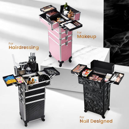 Rolling Makeup Case Cosmetology Case on Wheels 4 in 1 Large Cosmetic Organizer Train Case Makeup Travel Case with Key Swivel Wheels Nail Artist Salon Storage Traveling Cart Trunk Black