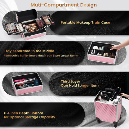 Rolling Makeup Case Cosmetology Case on Wheels 4 in 1 Large Cosmetic Organizer Train Case Makeup Travel Case with Key Swivel Wheels Nail Artist Salon Storage Traveling Cart Trunk Black