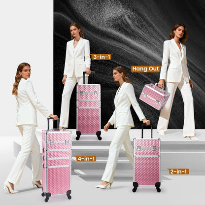 Rolling Makeup Case Cosmetology Case on Wheels 4 in 1 Large Cosmetic Organizer Train Case Makeup Travel Case with Key Swivel Wheels Nail Artist Salon Storage Traveling Cart Trunk Black