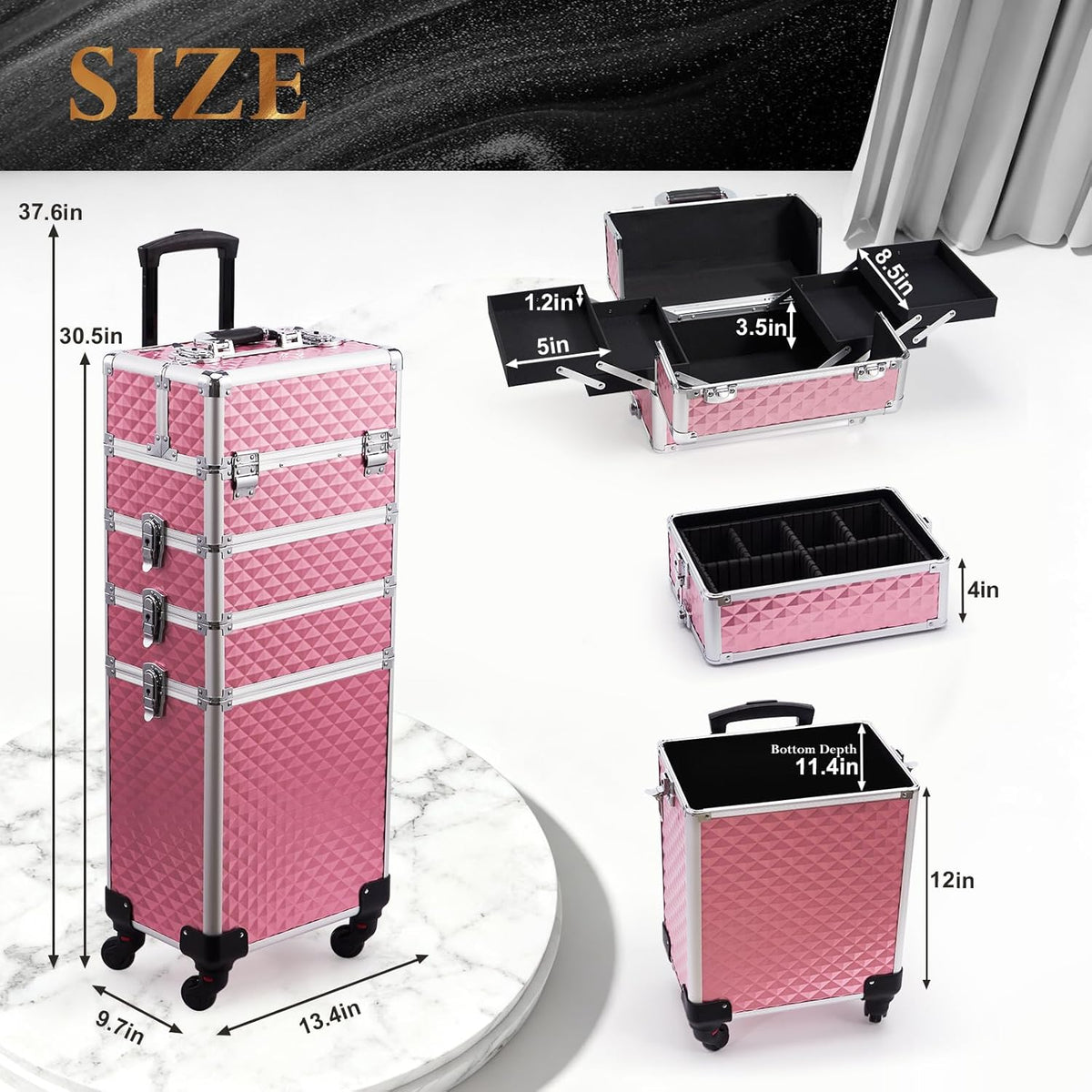 Rolling Makeup Case Cosmetology Case on Wheels 4 in 1 Large Cosmetic Organizer Train Case Makeup Travel Case with Key Swivel Wheels Nail Artist Salon Storage Traveling Cart Trunk Black