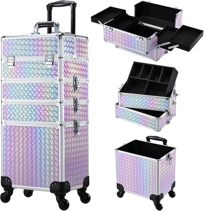 Rolling Makeup Case Cosmetology Case on Wheels 4 in 1 Large Cosmetic Organizer Train Case Makeup Travel Case with Key Swivel Wheels Nail Artist Salon Storage Traveling Cart Trunk Black