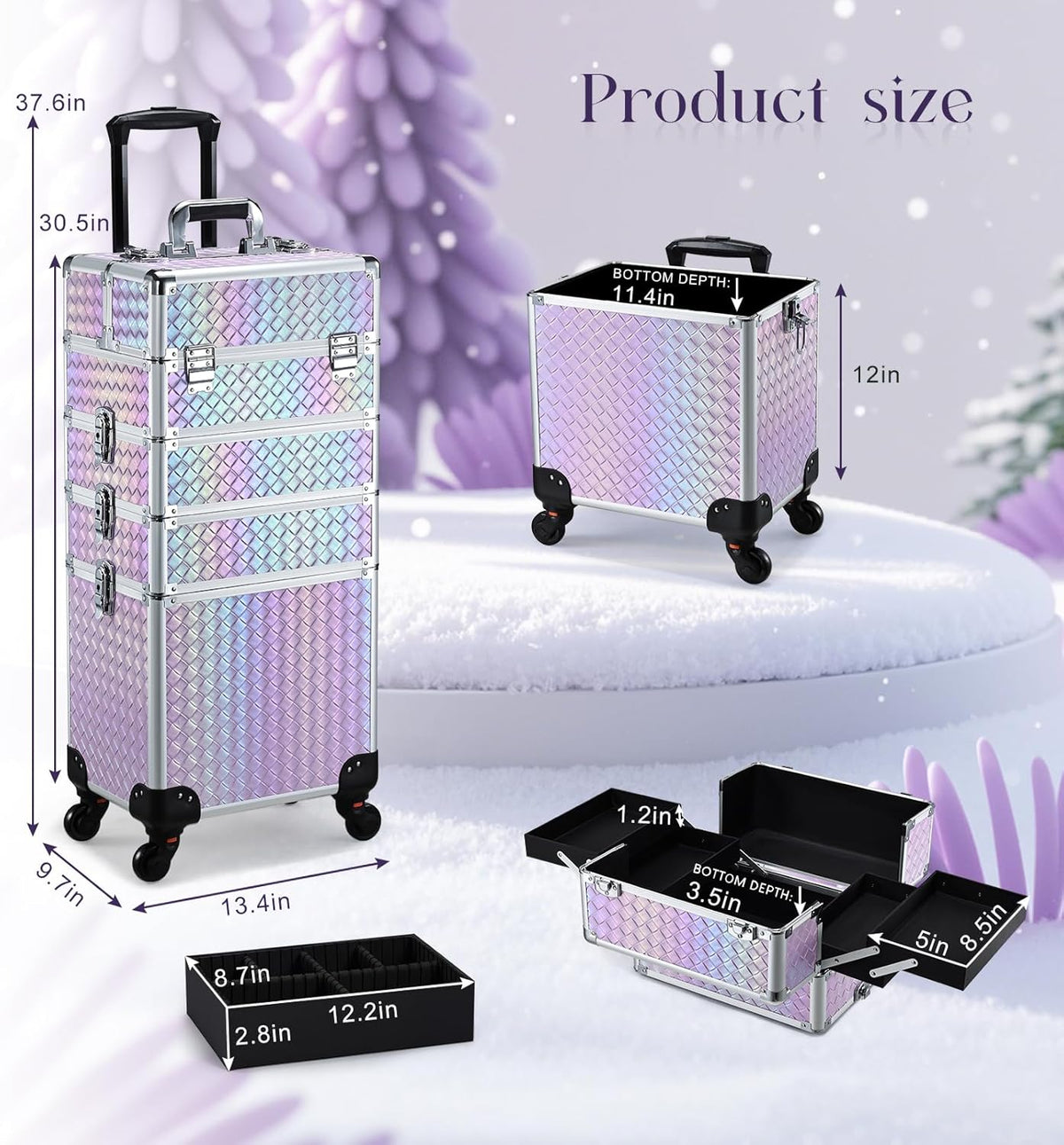 Rolling Makeup Case Cosmetology Case on Wheels 4 in 1 Large Cosmetic Organizer Train Case Makeup Travel Case with Key Swivel Wheels Nail Artist Salon Storage Traveling Cart Trunk Black