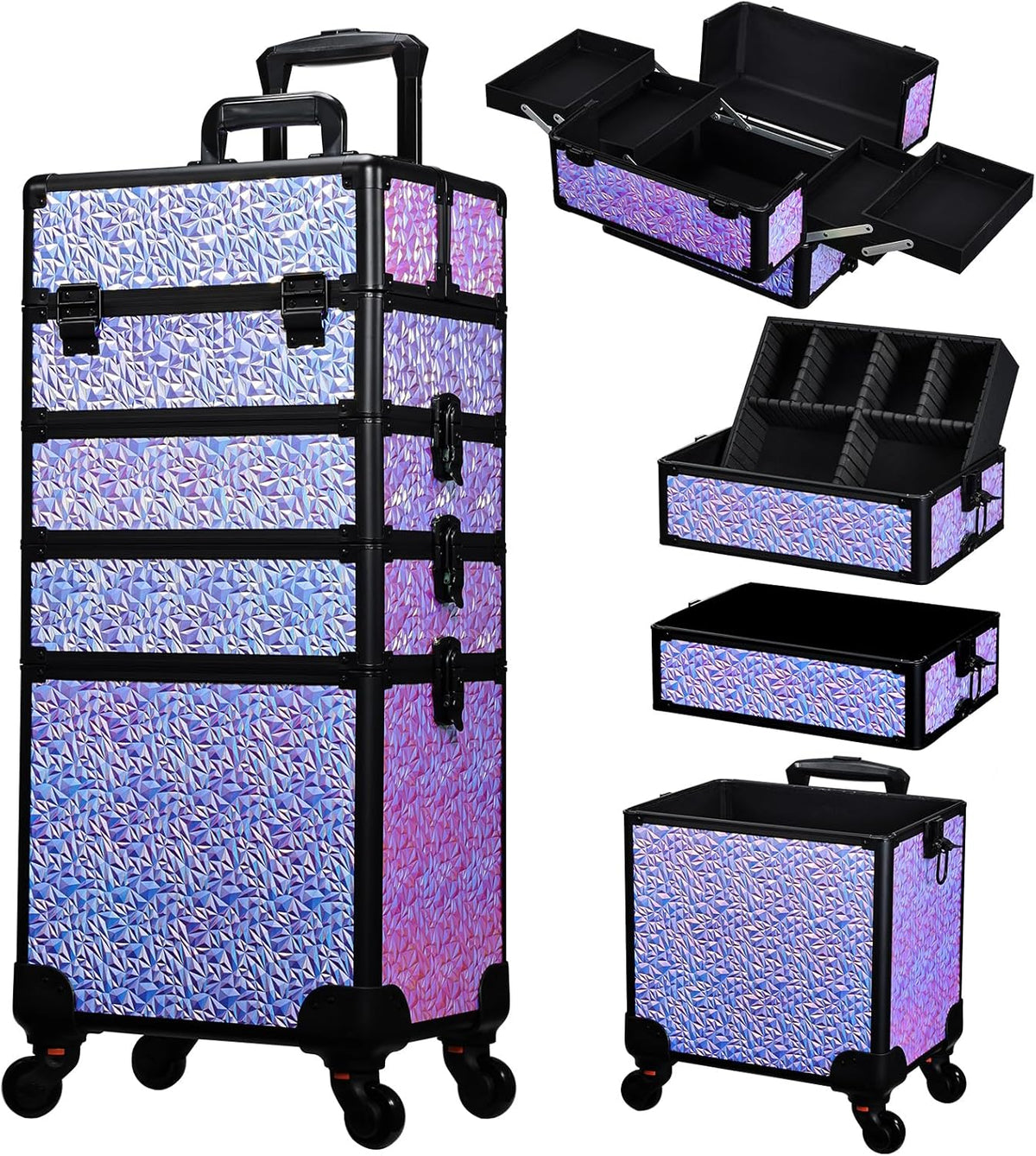 Rolling Makeup Case Cosmetology Case on Wheels 4 in 1 Large Cosmetic Organizer Train Case Makeup Travel Case with Key Swivel Wheels Nail Artist Salon Storage Traveling Cart Trunk Black