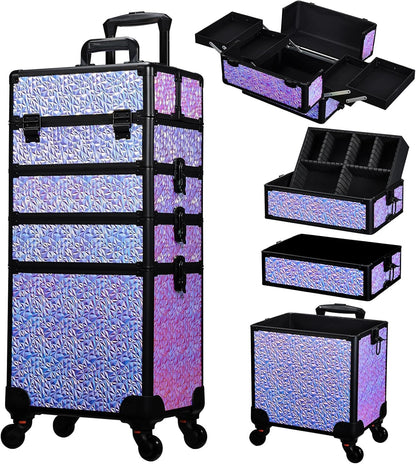 Rolling Makeup Case Cosmetology Case on Wheels 4 in 1 Large Cosmetic Organizer Train Case Makeup Travel Case with Key Swivel Wheels Nail Artist Salon Storage Traveling Cart Trunk Black