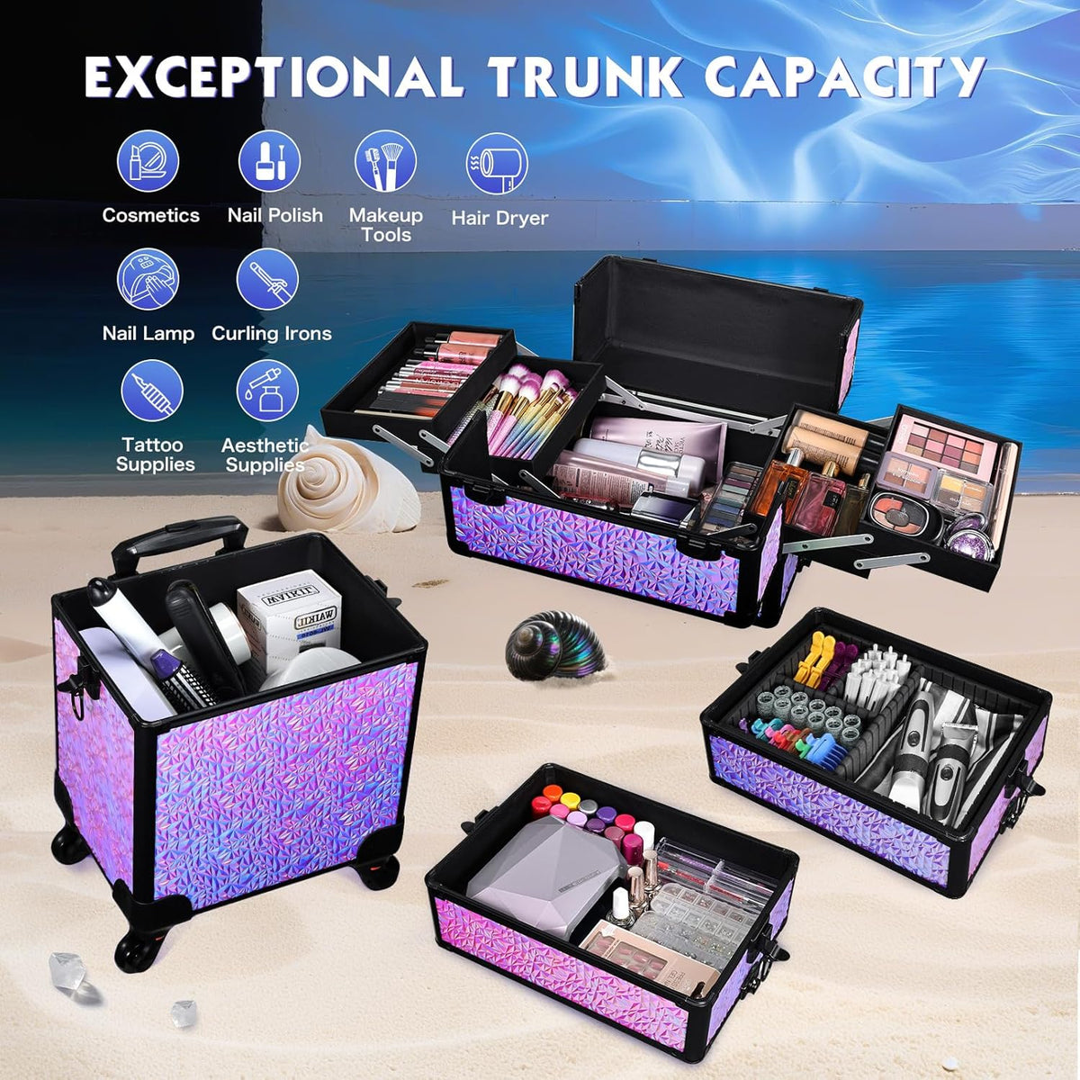 Rolling Makeup Case Cosmetology Case on Wheels 4 in 1 Large Cosmetic Organizer Train Case Makeup Travel Case with Key Swivel Wheels Nail Artist Salon Storage Traveling Cart Trunk Black
