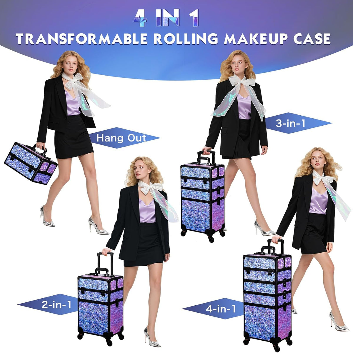 Rolling Makeup Case Cosmetology Case on Wheels 4 in 1 Large Cosmetic Organizer Train Case Makeup Travel Case with Key Swivel Wheels Nail Artist Salon Storage Traveling Cart Trunk Black