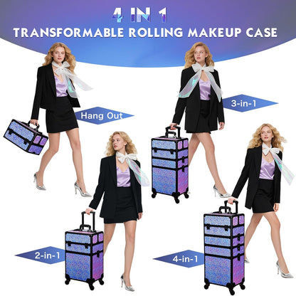 Rolling Makeup Case Cosmetology Case on Wheels 4 in 1 Large Cosmetic Organizer Train Case Makeup Travel Case with Key Swivel Wheels Nail Artist Salon Storage Traveling Cart Trunk Black