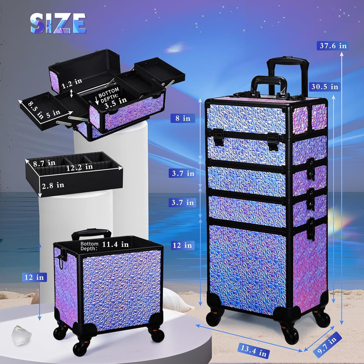 Rolling Makeup Case Cosmetology Case on Wheels 4 in 1 Large Cosmetic Organizer Train Case Makeup Travel Case with Key Swivel Wheels Nail Artist Salon Storage Traveling Cart Trunk Black