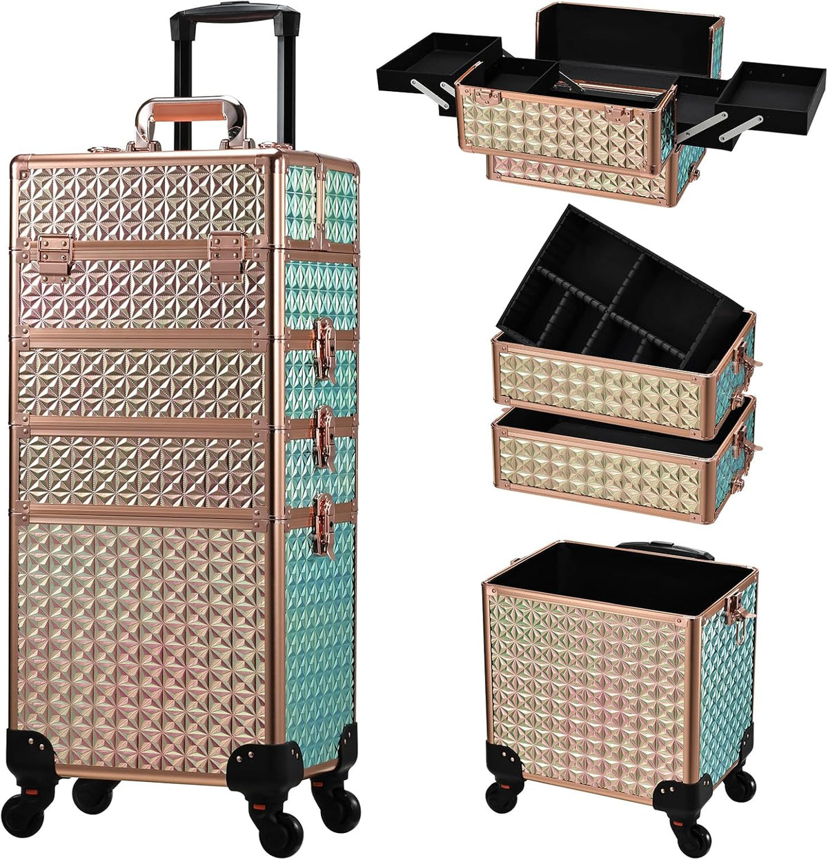 Rolling Makeup Case Cosmetology Case on Wheels 4 in 1 Large Cosmetic Organizer Train Case Makeup Travel Case with Key Swivel Wheels Nail Artist Salon Storage Traveling Cart Trunk Black