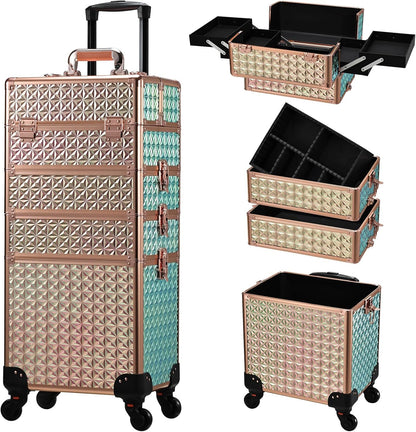 Rolling Makeup Case Cosmetology Case on Wheels 4 in 1 Large Cosmetic Organizer Train Case Makeup Travel Case with Key Swivel Wheels Nail Artist Salon Storage Traveling Cart Trunk Black