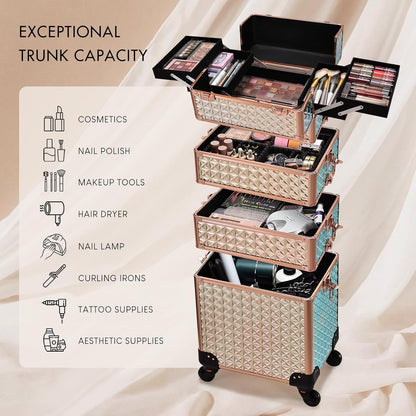 Rolling Makeup Case Cosmetology Case on Wheels 4 in 1 Large Cosmetic Organizer Train Case Makeup Travel Case with Key Swivel Wheels Nail Artist Salon Storage Traveling Cart Trunk Black