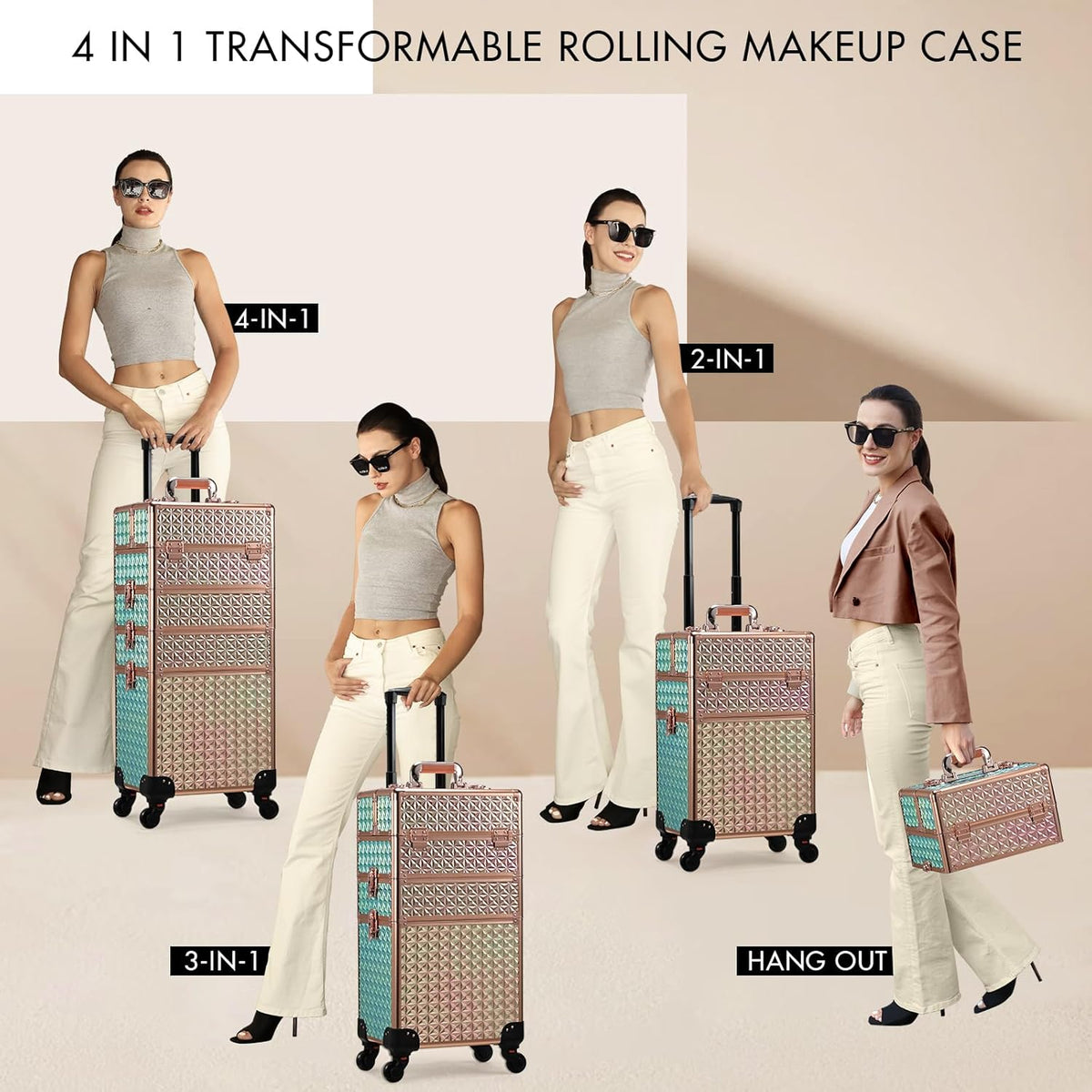 Rolling Makeup Case Cosmetology Case on Wheels 4 in 1 Large Cosmetic Organizer Train Case Makeup Travel Case with Key Swivel Wheels Nail Artist Salon Storage Traveling Cart Trunk Black
