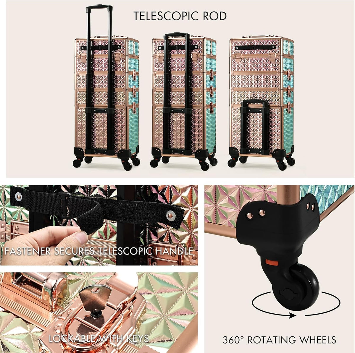 Rolling Makeup Case Cosmetology Case on Wheels 4 in 1 Large Cosmetic Organizer Train Case Makeup Travel Case with Key Swivel Wheels Nail Artist Salon Storage Traveling Cart Trunk Black
