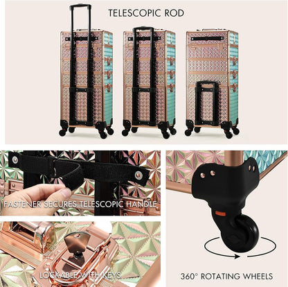 Rolling Makeup Case Cosmetology Case on Wheels 4 in 1 Large Cosmetic Organizer Train Case Makeup Travel Case with Key Swivel Wheels Nail Artist Salon Storage Traveling Cart Trunk Black