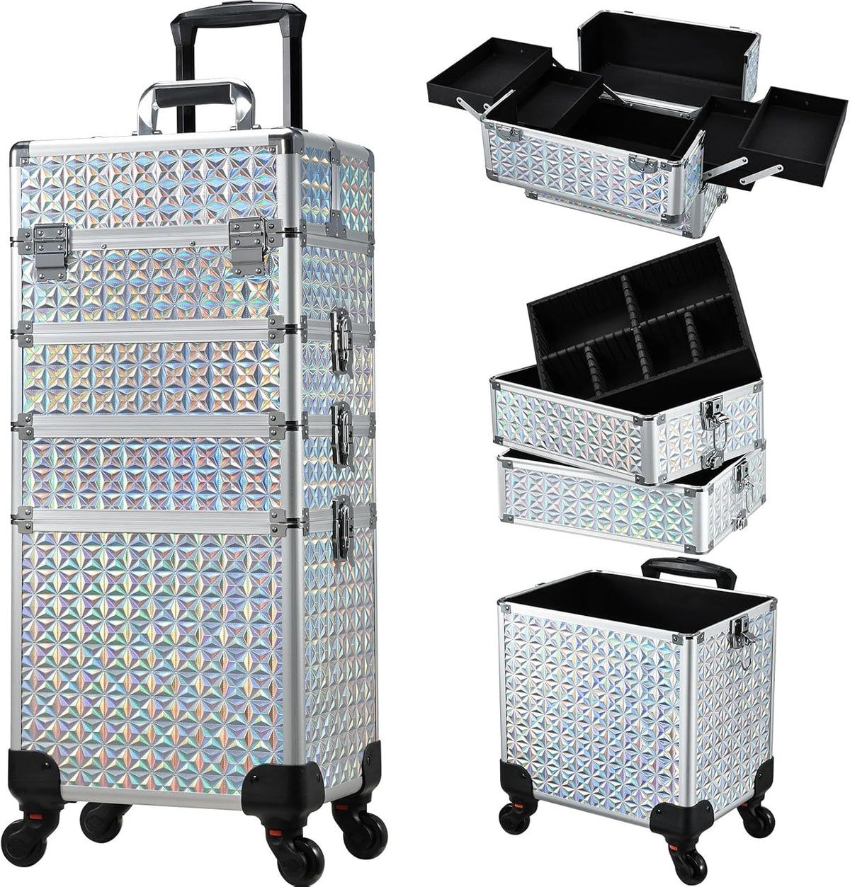 Rolling Makeup Case Cosmetology Case on Wheels 4 in 1 Large Cosmetic Organizer Train Case Makeup Travel Case with Key Swivel Wheels Nail Artist Salon Storage Traveling Cart Trunk Black