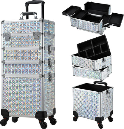 Rolling Makeup Case Cosmetology Case on Wheels 4 in 1 Large Cosmetic Organizer Train Case Makeup Travel Case with Key Swivel Wheels Nail Artist Salon Storage Traveling Cart Trunk Black