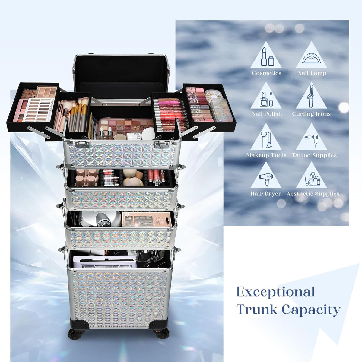 Rolling Makeup Case Cosmetology Case on Wheels 4 in 1 Large Cosmetic Organizer Train Case Makeup Travel Case with Key Swivel Wheels Nail Artist Salon Storage Traveling Cart Trunk Black