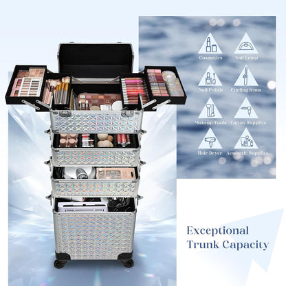 Rolling Makeup Case Cosmetology Case on Wheels 4 in 1 Large Cosmetic Organizer Train Case Makeup Travel Case with Key Swivel Wheels Nail Artist Salon Storage Traveling Cart Trunk Black
