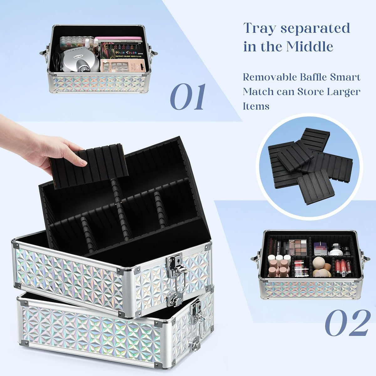 Rolling Makeup Case Cosmetology Case on Wheels 4 in 1 Large Cosmetic Organizer Train Case Makeup Travel Case with Key Swivel Wheels Nail Artist Salon Storage Traveling Cart Trunk Black