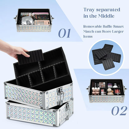 Rolling Makeup Case Cosmetology Case on Wheels 4 in 1 Large Cosmetic Organizer Train Case Makeup Travel Case with Key Swivel Wheels Nail Artist Salon Storage Traveling Cart Trunk Black