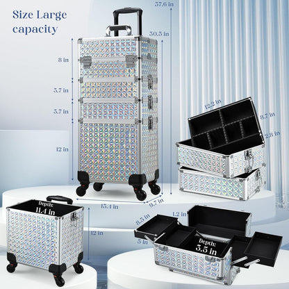 Rolling Makeup Case Cosmetology Case on Wheels 4 in 1 Large Cosmetic Organizer Train Case Makeup Travel Case with Key Swivel Wheels Nail Artist Salon Storage Traveling Cart Trunk Black