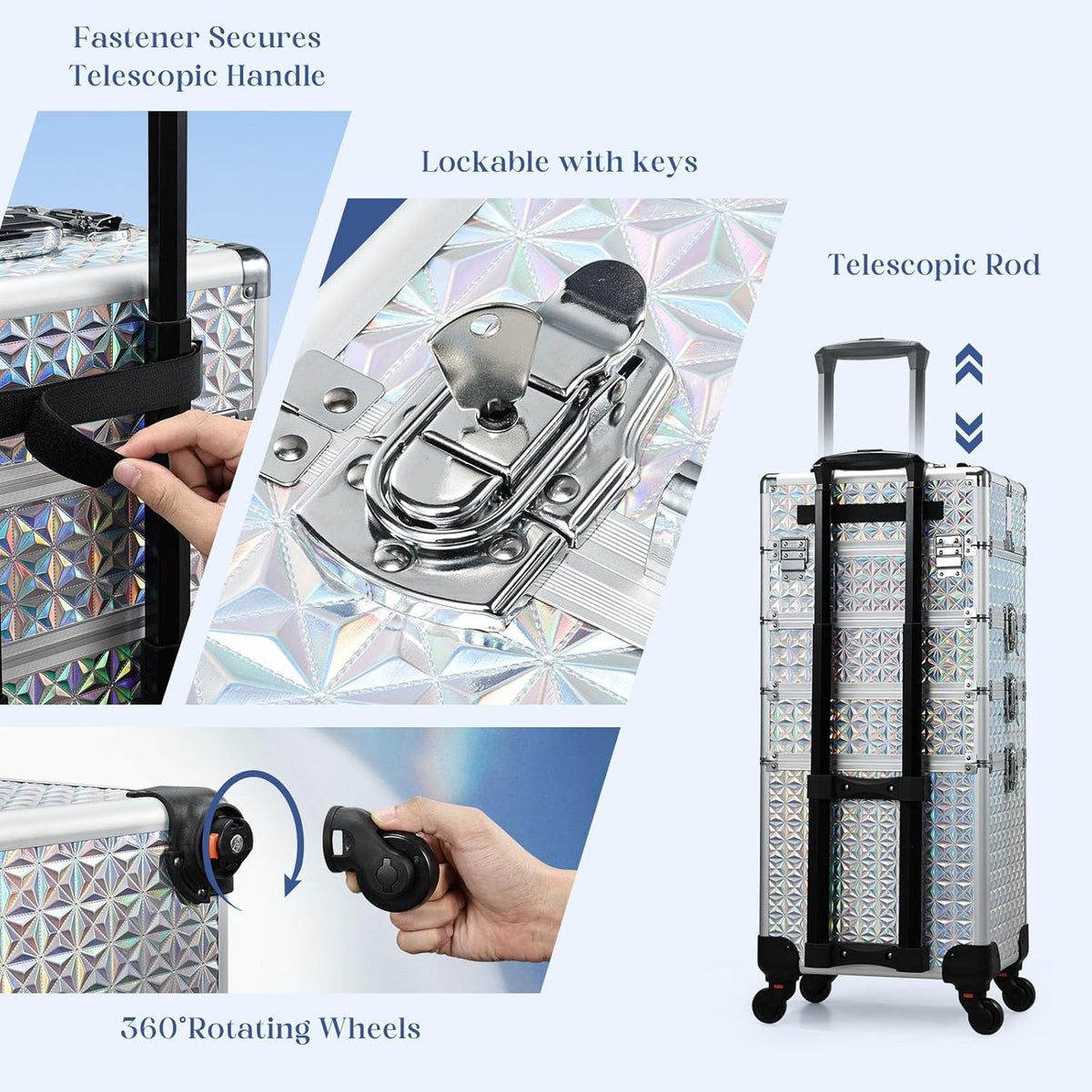 Rolling Makeup Case Cosmetology Case on Wheels 4 in 1 Large Cosmetic Organizer Train Case Makeup Travel Case with Key Swivel Wheels Nail Artist Salon Storage Traveling Cart Trunk Black