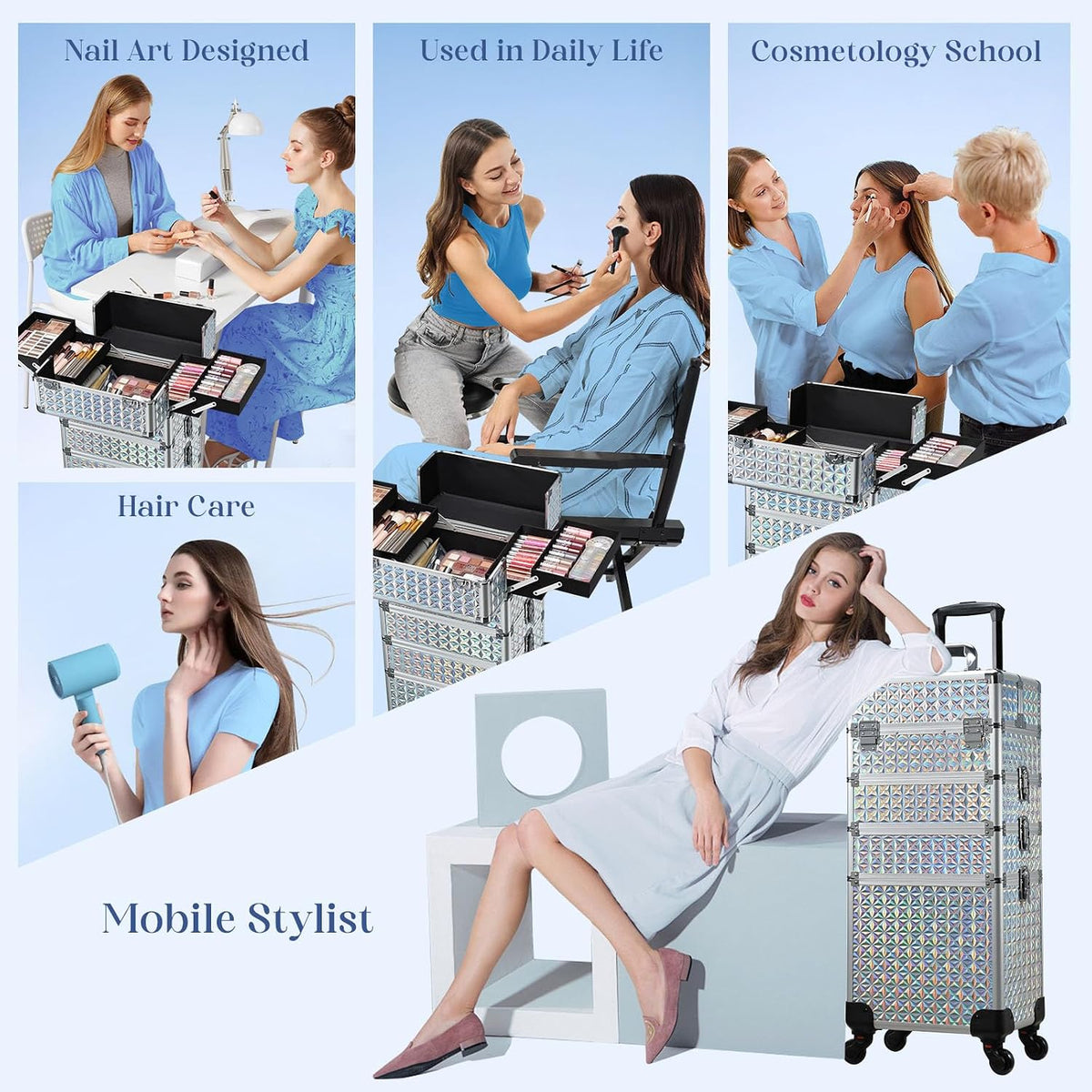 Rolling Makeup Case Cosmetology Case on Wheels 4 in 1 Large Cosmetic Organizer Train Case Makeup Travel Case with Key Swivel Wheels Nail Artist Salon Storage Traveling Cart Trunk Black