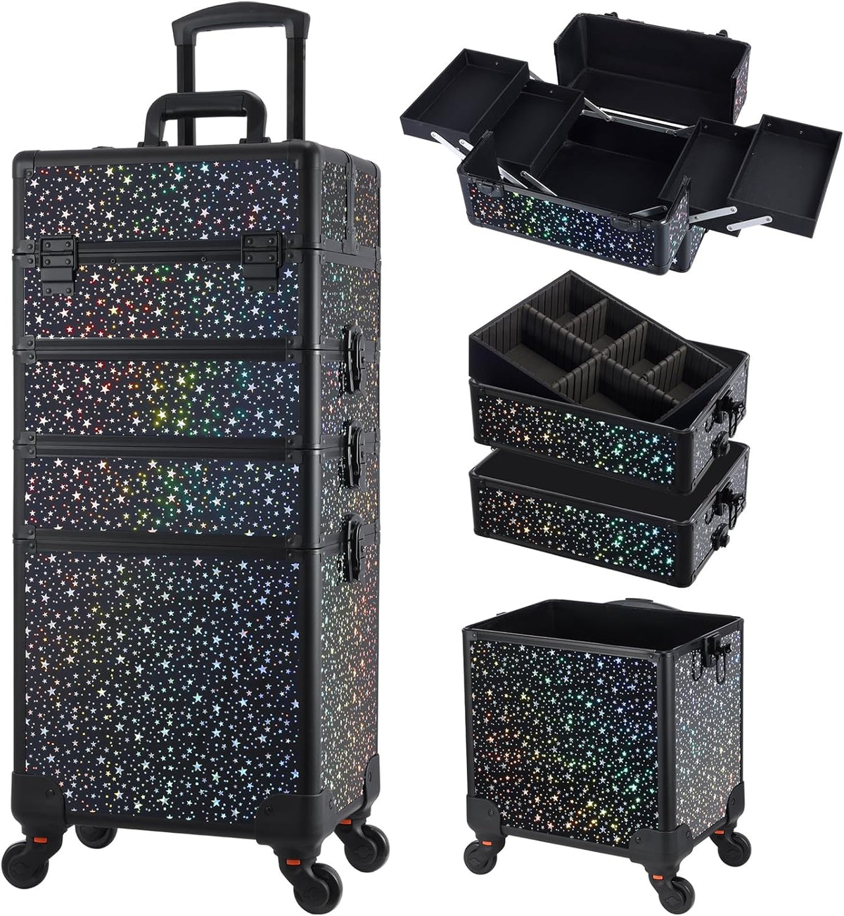 Rolling Makeup Case Cosmetology Case on Wheels 4 in 1 Large Cosmetic Organizer Train Case Makeup Travel Case with Key Swivel Wheels Nail Artist Salon Storage Traveling Cart Trunk Black