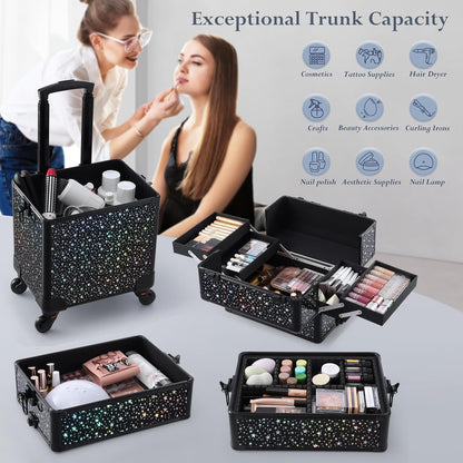 Rolling Makeup Case Cosmetology Case on Wheels 4 in 1 Large Cosmetic Organizer Train Case Makeup Travel Case with Key Swivel Wheels Nail Artist Salon Storage Traveling Cart Trunk Black