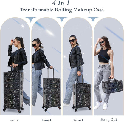 Rolling Makeup Case Cosmetology Case on Wheels 4 in 1 Large Cosmetic Organizer Train Case Makeup Travel Case with Key Swivel Wheels Nail Artist Salon Storage Traveling Cart Trunk Black