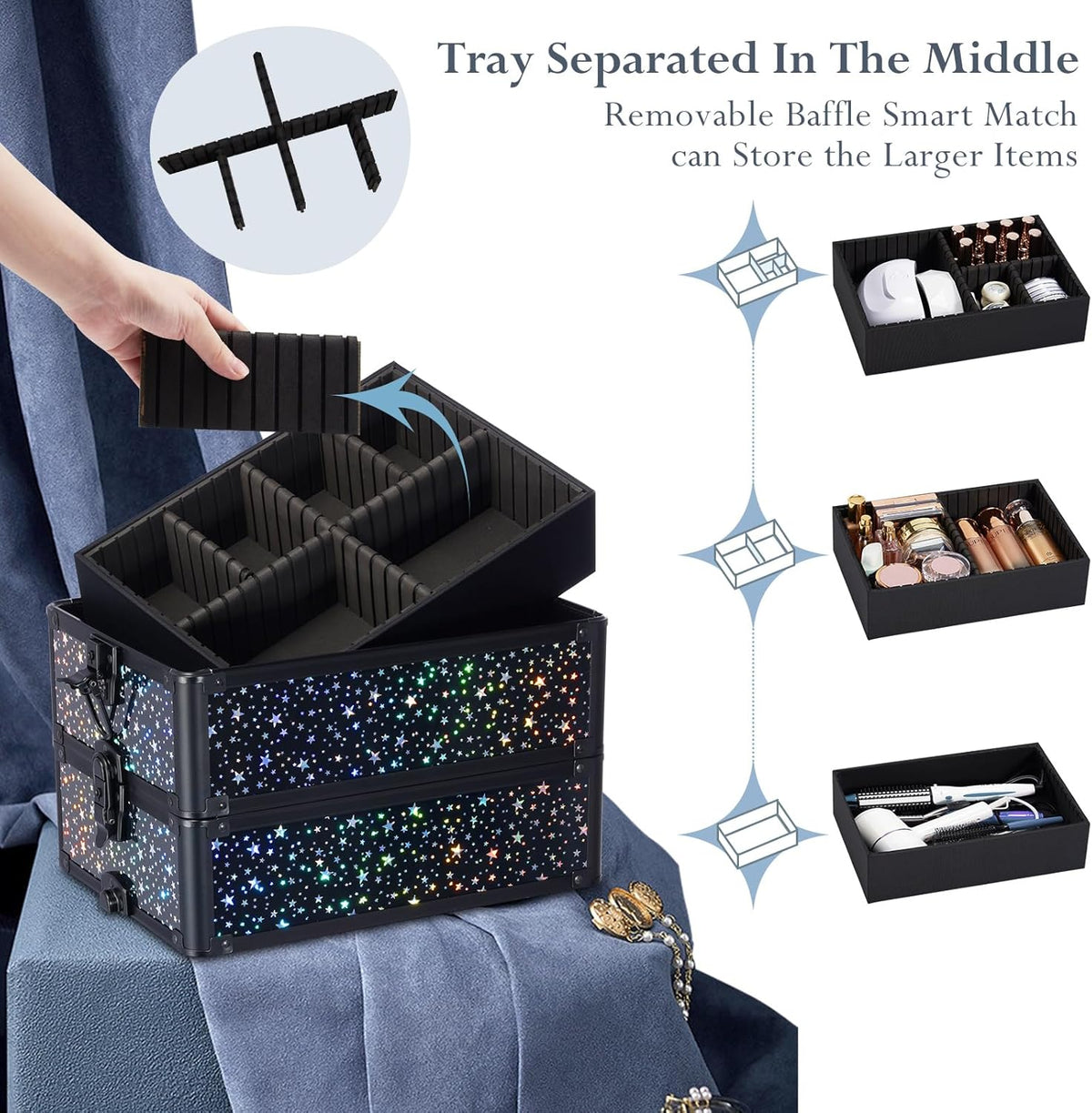 Rolling Makeup Case Cosmetology Case on Wheels 4 in 1 Large Cosmetic Organizer Train Case Makeup Travel Case with Key Swivel Wheels Nail Artist Salon Storage Traveling Cart Trunk Black