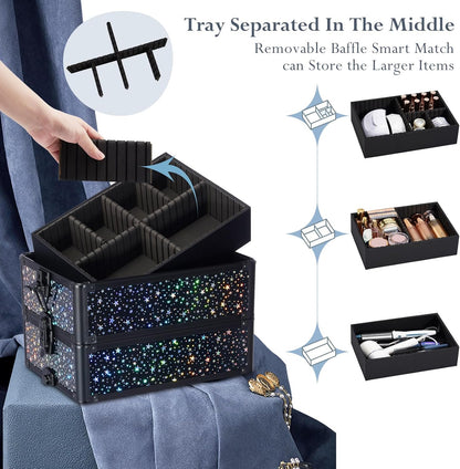 Rolling Makeup Case Cosmetology Case on Wheels 4 in 1 Large Cosmetic Organizer Train Case Makeup Travel Case with Key Swivel Wheels Nail Artist Salon Storage Traveling Cart Trunk Black