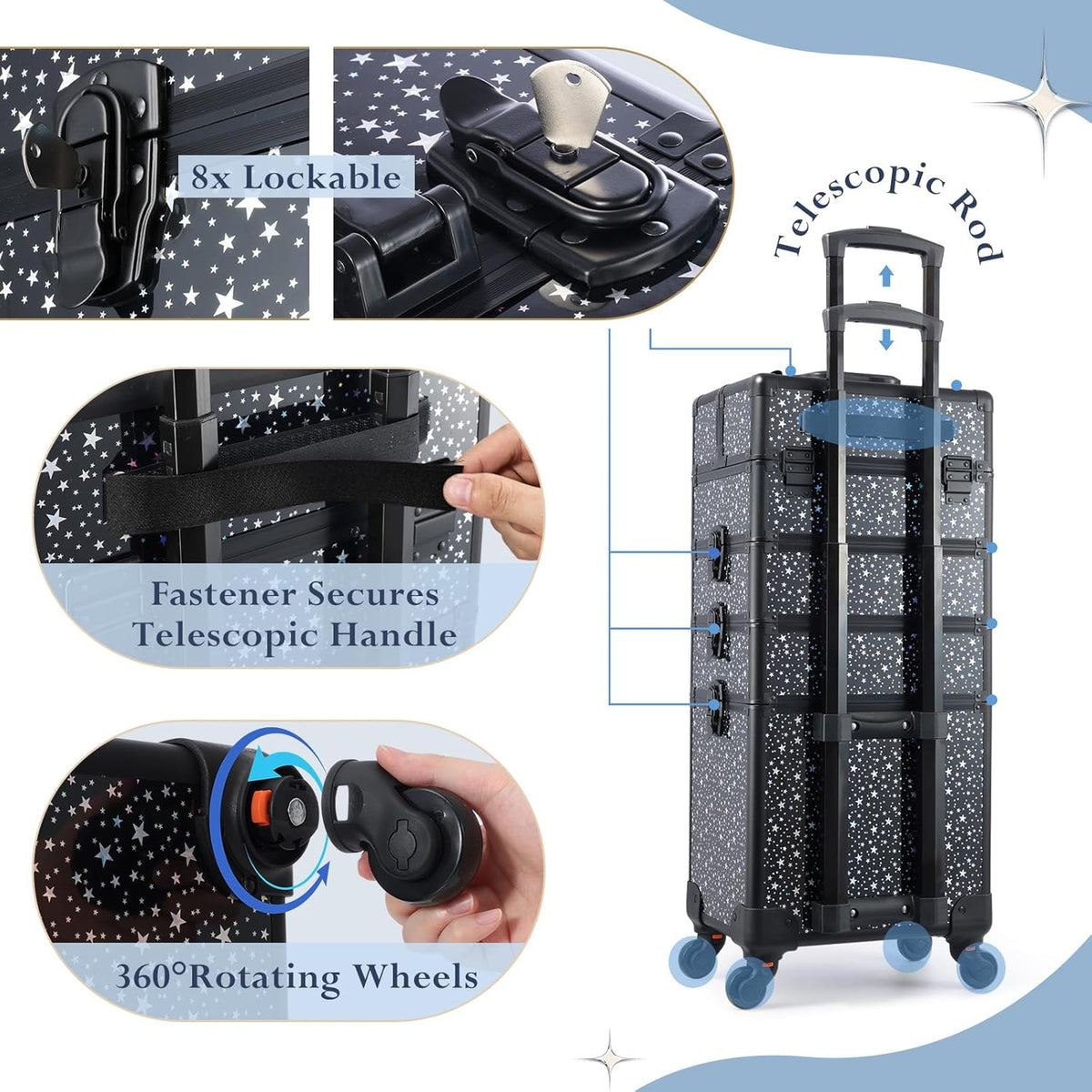 Rolling Makeup Case Cosmetology Case on Wheels 4 in 1 Large Cosmetic Organizer Train Case Makeup Travel Case with Key Swivel Wheels Nail Artist Salon Storage Traveling Cart Trunk Black