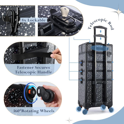Rolling Makeup Case Cosmetology Case on Wheels 4 in 1 Large Cosmetic Organizer Train Case Makeup Travel Case with Key Swivel Wheels Nail Artist Salon Storage Traveling Cart Trunk Black