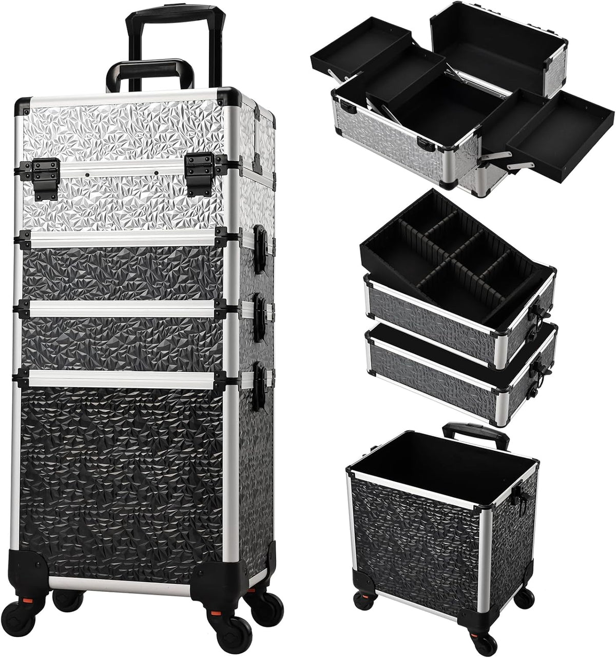 Rolling Makeup Case Cosmetology Case on Wheels 4 in 1 Large Cosmetic Organizer Train Case Makeup Travel Case with Key Swivel Wheels Nail Artist Salon Storage Traveling Cart Trunk Black