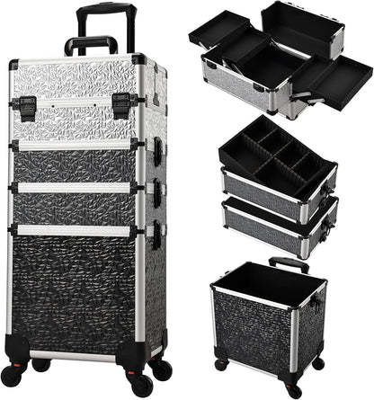 Rolling Makeup Case Cosmetology Case on Wheels 4 in 1 Large Cosmetic Organizer Train Case Makeup Travel Case with Key Swivel Wheels Nail Artist Salon Storage Traveling Cart Trunk Black