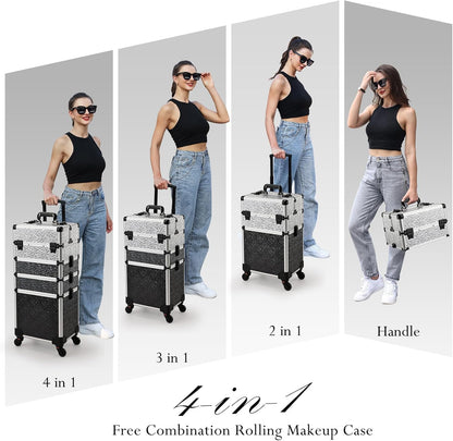 Rolling Makeup Case Cosmetology Case on Wheels 4 in 1 Large Cosmetic Organizer Train Case Makeup Travel Case with Key Swivel Wheels Nail Artist Salon Storage Traveling Cart Trunk Black