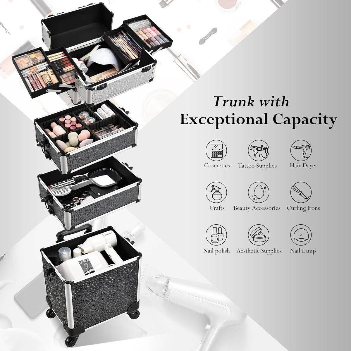 Rolling Makeup Case Cosmetology Case on Wheels 4 in 1 Large Cosmetic Organizer Train Case Makeup Travel Case with Key Swivel Wheels Nail Artist Salon Storage Traveling Cart Trunk Black