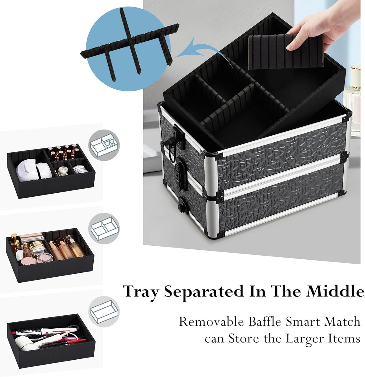 Rolling Makeup Case Cosmetology Case on Wheels 4 in 1 Large Cosmetic Organizer Train Case Makeup Travel Case with Key Swivel Wheels Nail Artist Salon Storage Traveling Cart Trunk Black