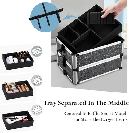 Rolling Makeup Case Cosmetology Case on Wheels 4 in 1 Large Cosmetic Organizer Train Case Makeup Travel Case with Key Swivel Wheels Nail Artist Salon Storage Traveling Cart Trunk Black