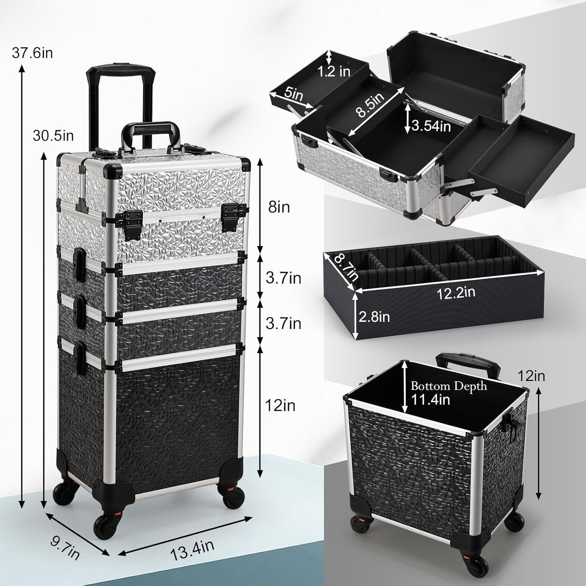 Rolling Makeup Case Cosmetology Case on Wheels 4 in 1 Large Cosmetic Organizer Train Case Makeup Travel Case with Key Swivel Wheels Nail Artist Salon Storage Traveling Cart Trunk Black